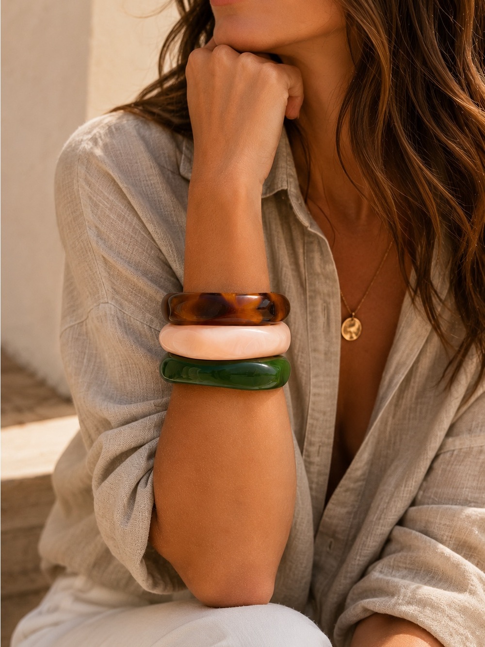 NWT | Sculptural Resin Bangle Bracelet Set Pink Green Tortoise 3 Piece NWT